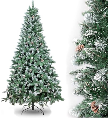 Christmas Tree, 6FT/1.8M Artificial Snow Flocked Christmas Tree with Pine Cones, Bushy Pointed Branche with Foldable Metal Stand Xmas Home Decorations, for Christmas Outdoor and Indoor Decoration