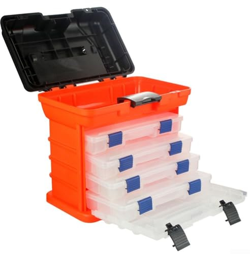Yuanpgky Tragbare Angelbox mit Griff, 4-lagige Aufbewahrungsbox für den Außenbereich, ABS-Werkzeugkasten mit faltbarem Griff und Sitzfunktion, 17 x 27 x 26 cm, Orange