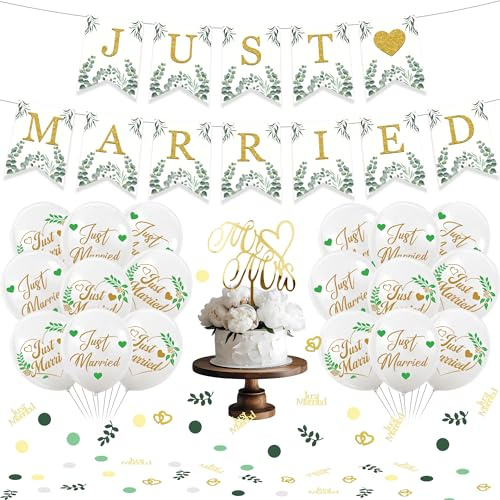 Just Married Hochzeit Deko Banner - 21 StüCk Girlande Herzen Eukalyptus Hochzeitsbanner Luftballon Fotorequisiten FüR Hochzeitsdeko Auto Deko Wedding Heiratsantrag Verlobung Standesamt Dekoration