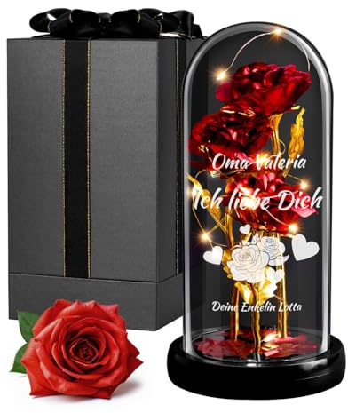 Maverton Rose Eternelle sous Cloche en Verre avec Personnalisation, Fleur | Fleur Eternelle Cadeau Maman, Rose Rouge Artificielle 21x11 avec Lumière LED, Idee Cadeau Anniversaire Femme Original, Mamie