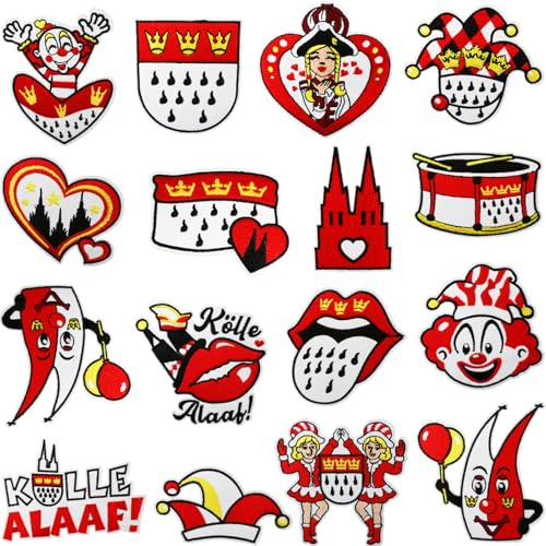 Dermalyx 16 Stück Kölner Karneval Aufnäher Rot Weiß, Bügelflicken Und Bügelbilder Für Kostüme, Kölsche Karneval Deko Accessoires, Stoff Flicken Zum Aufbügeln Oder Annähen