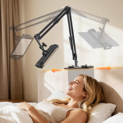 Tablet Holder & Phone Holder for Bed, Overhead Kindle Stand, Adjustable 360° Rotatable Metal Bed Phone Holder for iPad Pro Air Mini, iPhone17/16 Pro, Kindle, Samsung and Other 5-12.9 Inch Devices