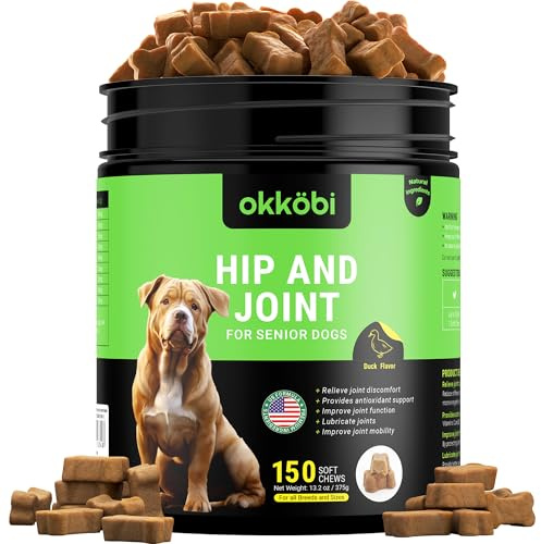 OKKÖBI ZENO Glucosamine HCL & Hip and Joint Chews for Dogs - 150 pcs - Advanced Hip and Joint Support for Senior Dogs -With MSM & Green Lipped Mussel - Duck