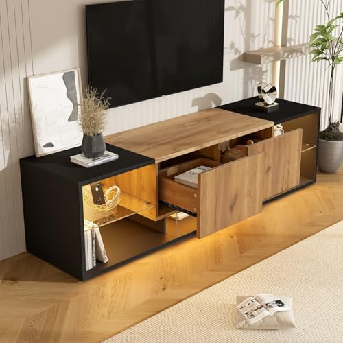 EURHCIO Meuble TV 160x40x42cm,Meuble Tele avec éclairage LED Réglable,2 Grands Tiroirs,Étagères en Verre,pour Téléviseurs D'environ 70 Pouces (A-Noir, A)