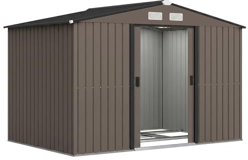 Outsunny Abri de jardin en acier galvanisé XXL 5,4 m² avec kit de fondation 277 x 195 x 192 cm, cabane de jardin cabanon rangement outils avec portes coulissantes verrouillables et 4 aérations, marron