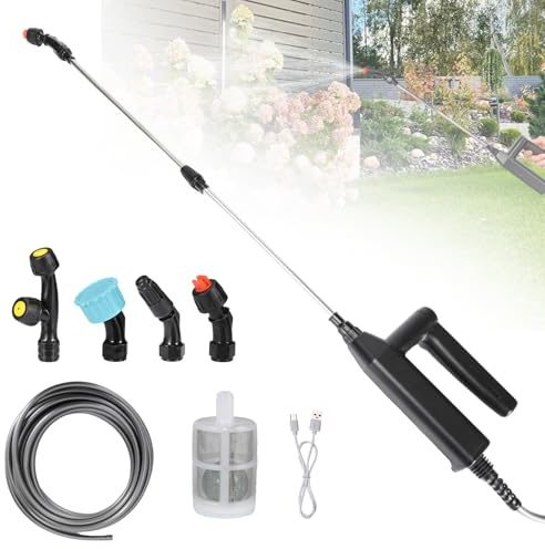 Spruzzatore da giardino elettrico senza fili, 7,4 V, con 2 batterie 2000 mAh, 3 modalità, 4 ugelli, tubo 3/5/8 m e asta telescopico 60 cm, per irrigazione e pulizia esterna (3 m)