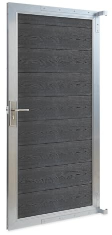 NEU.HOLZ Puerta de Jardin Segovia Resistente Puerta Exterior para Valla 90 x 180 cm con Cerradura y Llaves Marco de Aluminio y Lamas de WPC - Gris Veteado de Madera