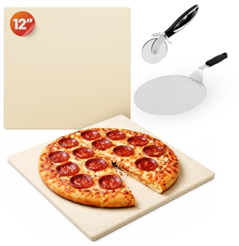 Reliapart Pizza Stone 33x33cm with Pizza Peel Cutter Kit for Oven and BBQ, Square Cordierite Baking Stone with 1cm Thickness, Max Temp 800°C Heat Resistant Pizza Bread Baking Set