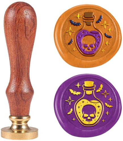 DELORIGIN Tampon de cire vintage en relief pour bouteille de potion, motif crâne, amovible, 2,5 cm, tête de cachet de cire en laiton avec poignée en bois pour invitations, cartes de vœux, enveloppes
