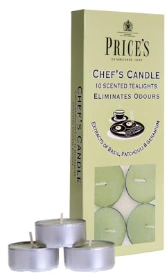 Price's - Chef's Tealights - 10 Pack - Odour Eliminating Tealights - Made with Basil, Patchouli and Geranium Extracts - Clean, Fresh, Quality Fragrance - Long Lasting Scent