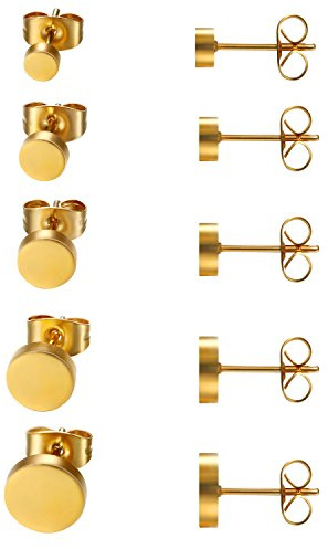 JewelryWe Schmuck 5 Paar Ohrstecker Set, Edelstahl flache runde poliert sandgestrahlt Ohrringe Ohr-Schmuck für Damen & Herren, Silber Gold Rosegold Schwarz, Durchmesser 4,5,6,7,8mm