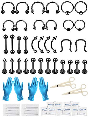 32-36PCS Nasenpiercing Kit 16G Professionelles Piercing Tool Kit Edelstahl Lippen Augenbraue Septum Piercing Körperschmuck für Männer/Frauen (34PCS Schwarz)