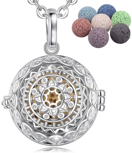 INFUSEU Collana Fiori di Loto, Ciondolo Fiori di Mandala Placcato Argento Diffusore di Oli Essenziali Aromaterapia Ciondolo Medaglione D'argento 5 PZ Lava Pietre Con 24Catena Regalo per le Donne