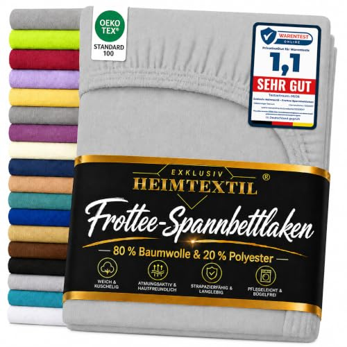 Exklusiv Heimtextil Frottee Spannbettlaken Marke 200 x 220 cm 80% Baumwolle, 20% Polyester Öko - Tex Zertifiziert, Markenqualität, Matratzenhöhe bis 35 cm, Silber