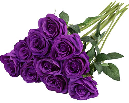 Nubry künstliche Seidenrose Blume einzigen Stiel lebensechte gefälschte Rose für Hochzeit Blumenstrauß Blumenarrangements Home Party Centerpiece Dekoration, 10pcs (lila)