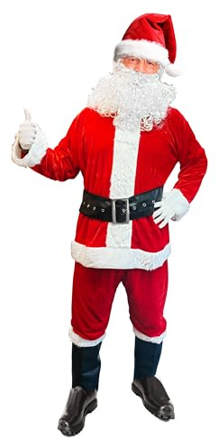 Hooin Christmas Santa Claus Costume Set. Deluxe Adult Size Santa Costume Set of 7. Hat with Wig, Beard, Suit, Gloves, Belt, Pants, Boots.