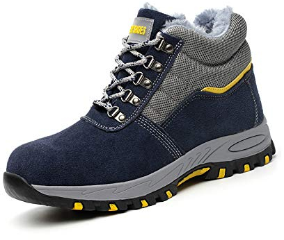 Kuhfell Sicherheitsarbeitsschuhe, High-Top Wear-Resistant Außen-Baumwollschuh für Warmhalten im Winter, Anti-Smashing Und Anti-Piercing,Blau,43