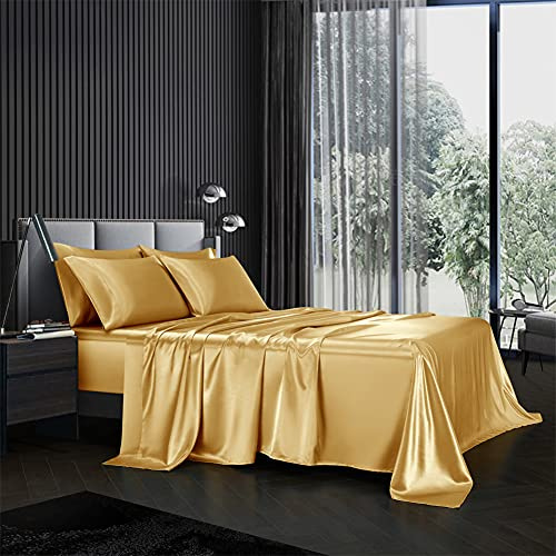 AiMay 6 Piece Satin Bedding Sheet Set King Taupe Deep Pocket 1800 Series Luxury Rich Silk Silky Super Soft Solid Color 4 Pillowcases Reversible Honeymoon Wrinkle Free (King, Golden)