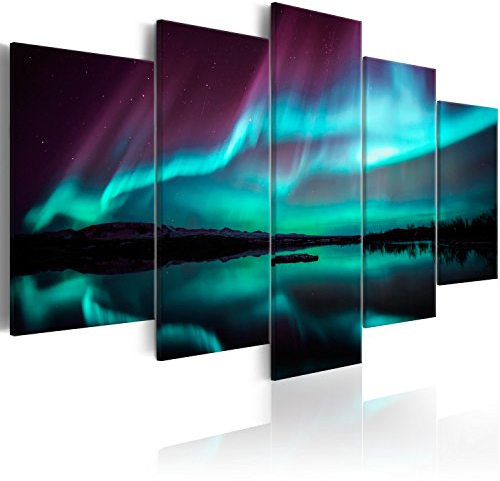 murando - Handart Polarlicht Kunstdruck auf Leinwand 225x112 cm 5 tlg Groß Kunstbilder wie Handbemalte Wandbilder XXL mit Acrylgel beschichtet Wand Bilder mit Struktur Nordlicht Nacht c-B-0290-b-n
