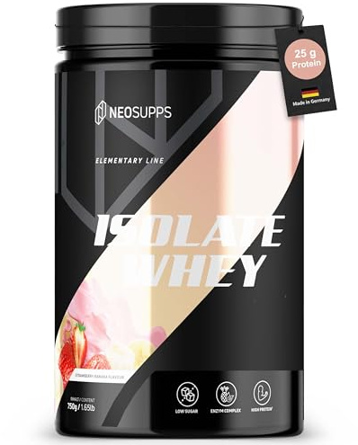 NEOSUPPS Whey Isolate Protein Pulver - Strawberry-Banana, 750g I Hochwertiger Eiweiss Shake mit Bromelain und Papain Enzymkomplex I Unter 1g Zucker & Fett I 25g Protein pro Portion