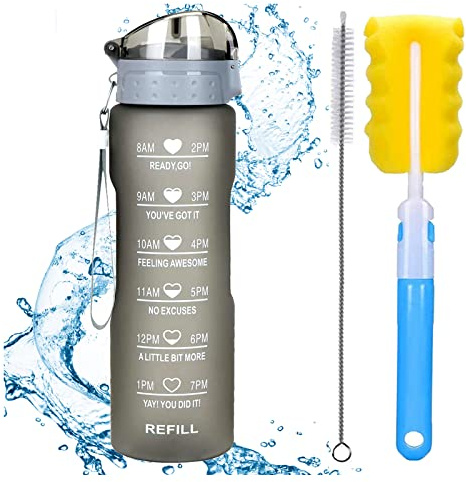 XACIOA Flacon d'eau 1L 32oz avec paille et marqueur de temps d'excitation, bouteille de sport de boisson en plastique tritan étanche, camping, randonnée sans Bpa