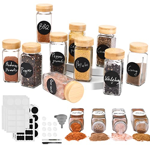 elagel Gewürzgläser Eckig mit Streueinsatz - 12er Set 120ml Gewürzdosen Hochwertigem Holzdeckel aus Bambus Gewürzgläser - Gewürzstreuer Glas mit Streuer-Aufsätze,Trichter,Etiketten - Spice Jars