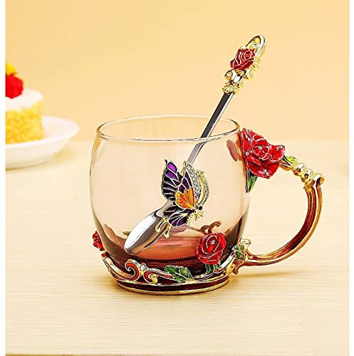 TOMYEUS Kaffeetasse Rose Emaille Kristall Teetasse Kaffeetasse Schmetterling Rose Gemalte Blume Wasser Tassen Klares Glas mit Löffel Set Porzellantasse