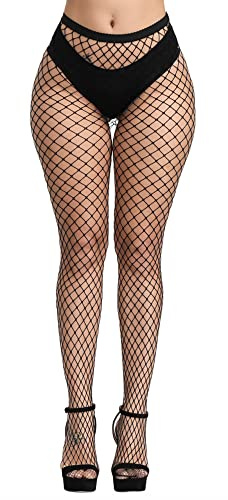 Henwarry Women's Fishnet Stockings Thigh High Wide Fishnet Tights (US, Alpha, One Size, Regular, Regular, B03-Black(Medium Hole))