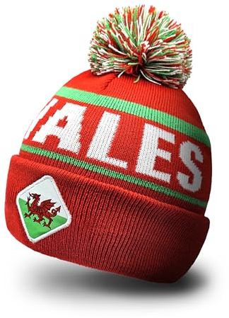 Strength & Honour Welsh Beanie Hat - Wales Cymru Thick Knitted Cuff with Bobble Pom Pom - Unisex Adult Men Women Welsh Supporter Fans Soft Touch Super Warm