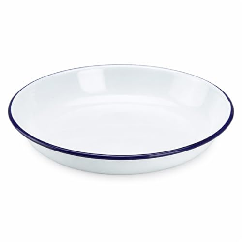 Premium Quality Traditional Enamel White Blue Trim Rice Plate 20cm, Pasta, Dinner Plate, Round Pie Plate, Soup Plate, Mixing Bowl, Deep Dish Tableware Crockery