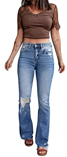 Jeans Damen High Waist Jeans Damen Sommer Stretch Jeanshose Damen Lang mit Löchern Skinny Schlaghose Stretch Knöpfen Reißverschluss Denim Hose Boyfriend Flared Zerrissene Jeans Hosen für Frauen