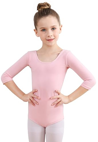 Soudittur Fille Justaucorps Danse Classique en Coton Justaucorps de Gymnastique Manches 3/4 Ballet Vêtements pour Filles Femmes Taille (Taille 110, Rose)