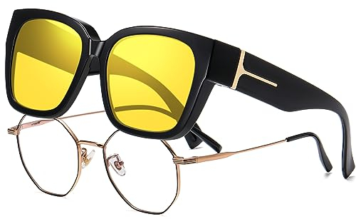 KANASTAL Occhiali Guida Notturna Donna Uomo Lenti Gialle Sovraocchiali Guida Notte Visione Notturni Quadrati Neri sovrapponibili over Glasses Yellow Night Driving Glasses -Gialli