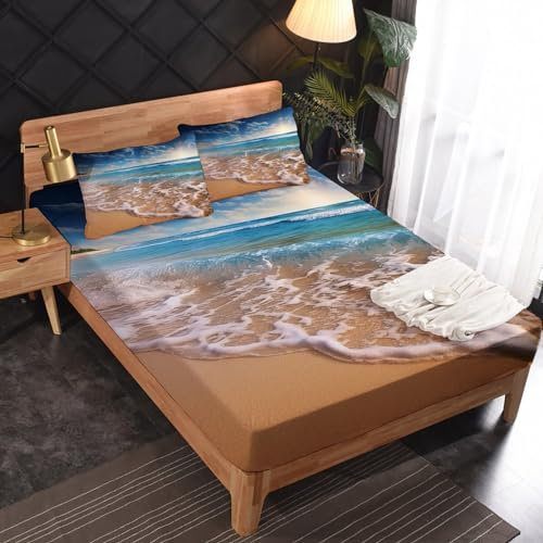 Spannbettlaken 120x200cm Meer Strand - Bettlaken 120x200, Weiche & Atmungsaktiv Mikrofaser Spannbetttuch, Tiefe Tasche Spannbetttücher für Boxspringbett, bis 30cm Matratzenhöhe