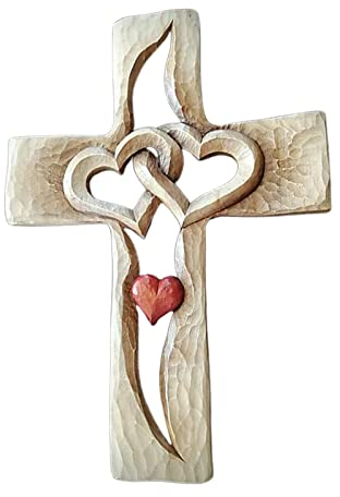 Morain Croce in legno intagliato con cuori intrecciati da tavolo, croce ornamentale da parete, crocifisso religioso, cristiano, decorazione per chiesa