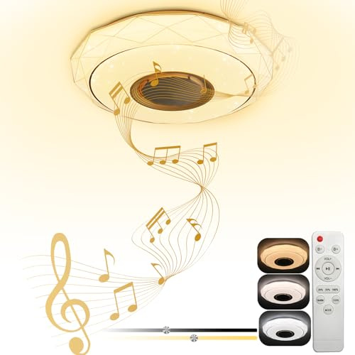 EXTRASTAR LED Musik Deckenleuchte 48W, 4700LM Dimmbar Deckenlampe 3000K-6500K, LED Lampen Deckenlampen mit Bluetooth Lautsprecher, Wasserdichte Deckenlampe für Badezimmer Schlafzimmer Wohnzimmer