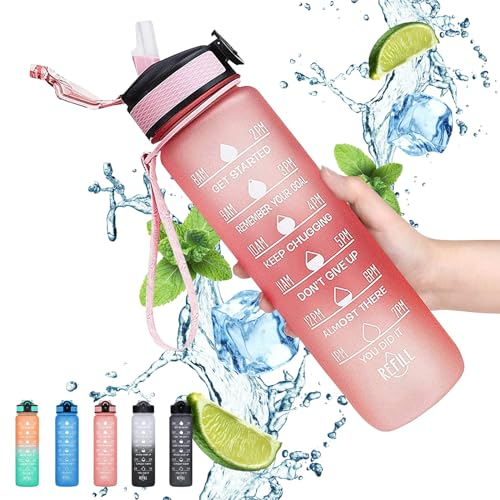 Gaiayhc Sports 1L Motivational Water Bottle with Time Marker and Straw, 30oz Leakproof Design for Hiking, Gym, Fitness, Outdoor, Cycling, School & Office