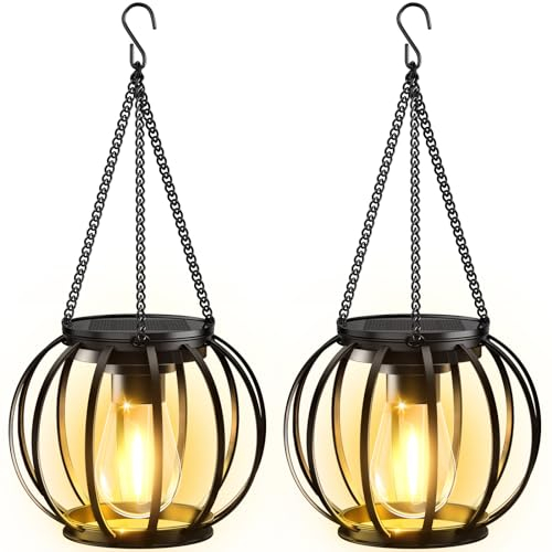NEEMO Lanterne Solari da Esterno, 2 Pezzi Metallo Luci Solari da Giardino con Lampadina LED, Auto on/off Lampada Solare da Giardino con Gancio e Catena per Terrazza Prato Balcone Decorazione