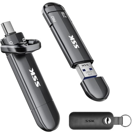 SSK Disco Duro Externo SSD de 2 TB de hasta 1000 MB/s, Tipo C + USB A, Disco Duro Externo de Estado sólido USB 3.2 Gen 2 para iPhone 15/PS4/teléfono Android/Tableta/Windows/Mac