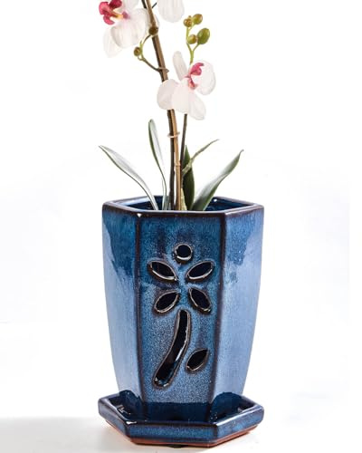 vensovo 10 cm Keramik Orchideentopf Mit Löchern Und Untersetzer, 1 Stück Sechseckiger Blumentopf Für Orchideen Und Sukkulenten, Für Innen Und Außenbereich, Fördert Luftzirkulation (Blue)