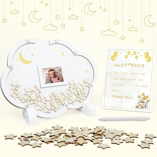 xiheer Babyparty-Gästebuch-Alternativen, Wolken-Babyparty-Dekorationen mit 70 kleinen Sternen, Holzanleitung und Stift, Anmeldung im Gästebuch Alternativen Bilderrahmen (weiß)