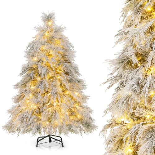 COSTWAY Árbol de Navidad Nevado 146/192 cm, Arbol de Navidad con Luces Incorporadas, 150/250 Luces LED Blancas Cálidas, Agujas de Pino y Hojas de Sauce, Arvore de Natal Hogar Oficina Fiesta (146 cm)