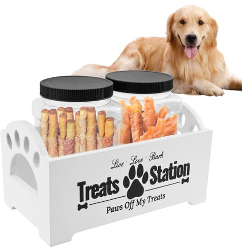Guniata Dog Treat Container,Dog Food Storage Wood with 2 Plastic Jars,Dog Cookie Jar for Dog Food Storage for Pet Owners and Lovers (white)