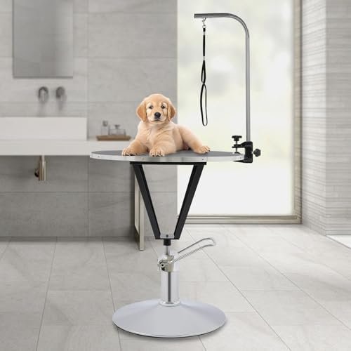 Trimmtisch Hundepflegetisch Fellwechselpflege für Hunde und Katze, Hydraulisch Anhebbarer Tierpflegetisch 360° Geschwenkt Tischplatte,Groomer Tisch Pflegetisch Mit Sicherheit Leine (Schwarz, Silber)