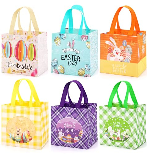 6 Pezzi Sacchetti per Pasqua in Tessuto Non Tessuto, Borse Riutilizzabili e Pieghevoli per Caccia all'Uovo, Feste e Regali, con Manici, 21x20x15 cm, Ideali per Bambini e Famiglie