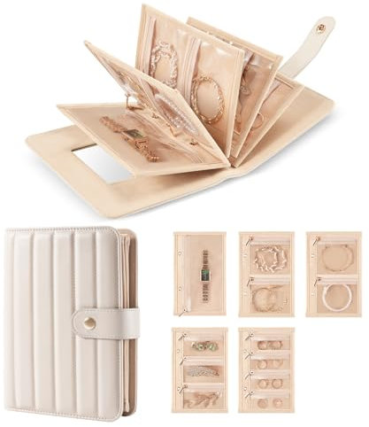 Lolalet Pochette Bijoux Voyage, Trousse Bijoux Portable avec Miroir, Range Bijoux pour Colliers Boucles d'Oreilles Bagues Bracelets -Beige