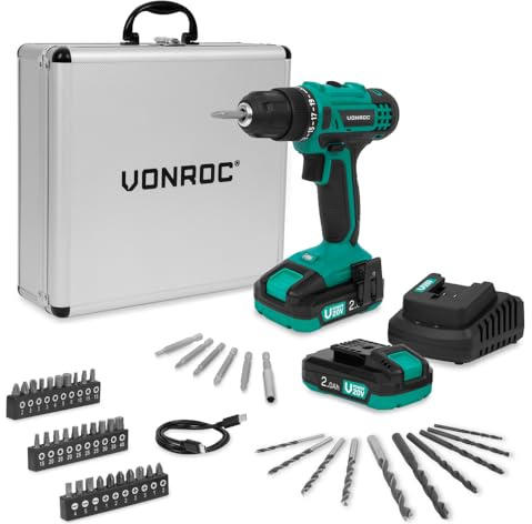 VONROC sladdlös borrmaskin, 20 V, 19 inställningar + borrläge – innehåller 2 x 2,0 Ah batteri, laddare och 46 tillbehör i ett premiumfodral