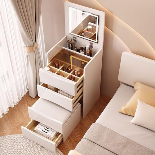 Set da scrivania per trucco bianco con luce tattile, tavolo da toeletta regolabile, sgabello imbottito, comodino, scrivania compatta per camera da letto o soggiorno, 40 x 40 x 81 cm