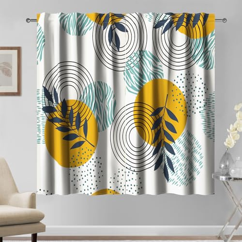 Kzzfqxb 140×229cm Tende d'arte moderna Blackout, Giallo Ocra Verde Sole Foglie di Salice Cerchio Punti Rotondi Motivi geometrici a tendaggio, 2 pannelli, Isolate dalla luce per la stanza