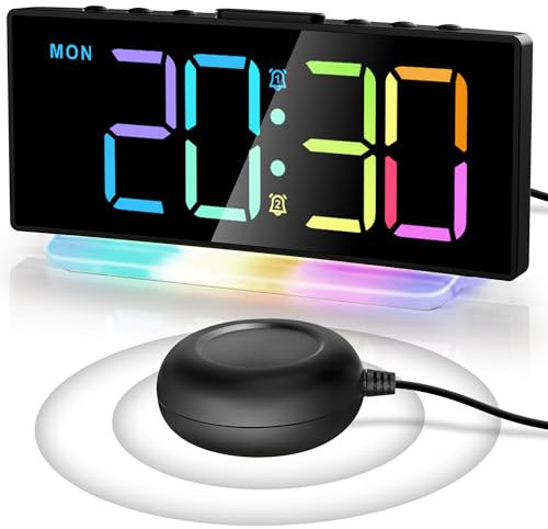Sveglia a Vibrazione Forte RGB per Sordi/Dormienti Pesanti/Anziani/Bambini, Sveglia Digitale a LED da Comodino con Scuotiletto, Settimana, 2 Allarmi, Ampio Display a 8 Colori, Luce Notturna,4 Dimmer